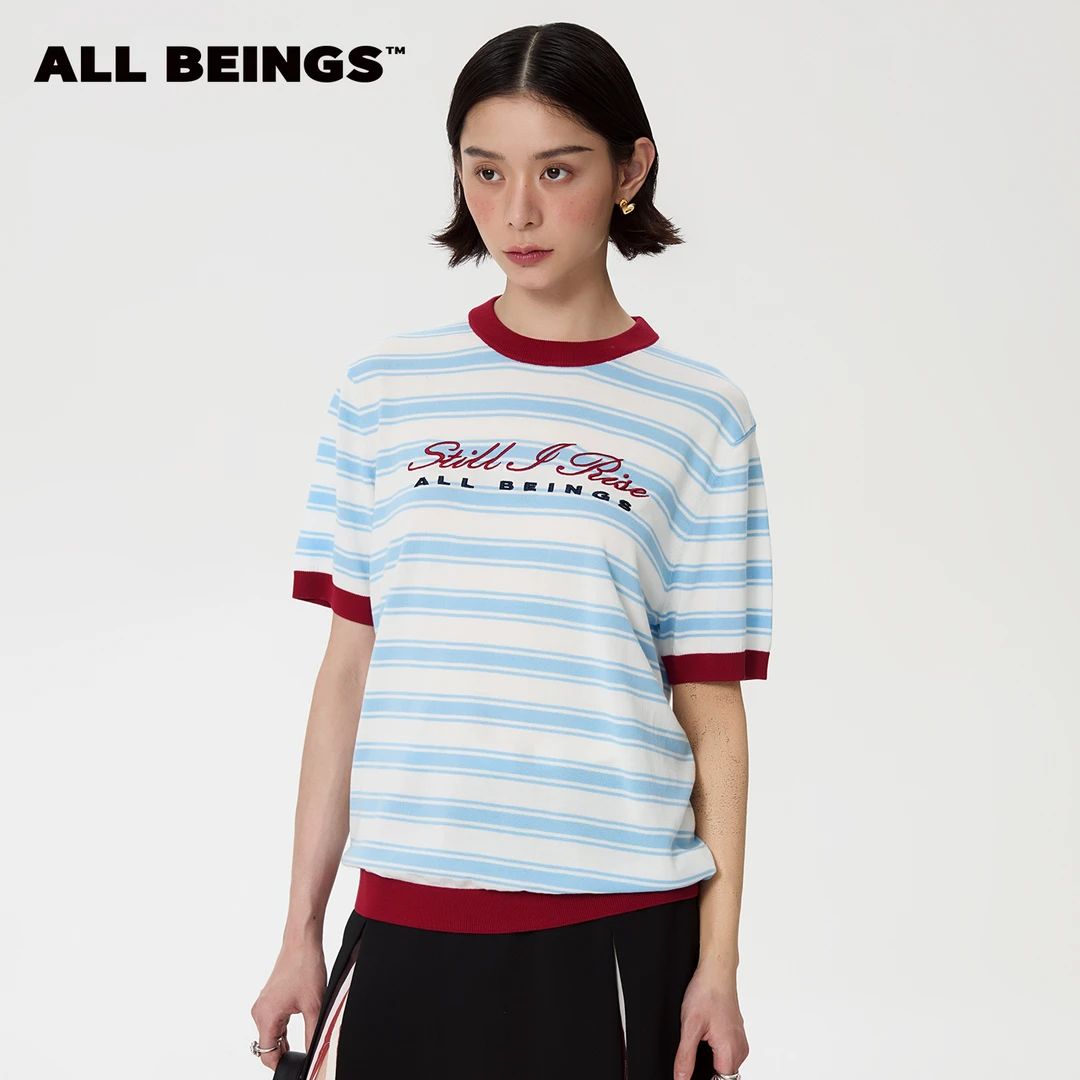 ALL BEINGS25年春夏设计师新款蓝红字母刺绣圆领时尚百搭针织衫女