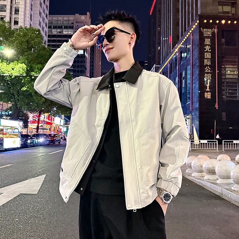 外套男款春秋季2025新款网红洋气炸街男装假两件翻领男生衣服夹克