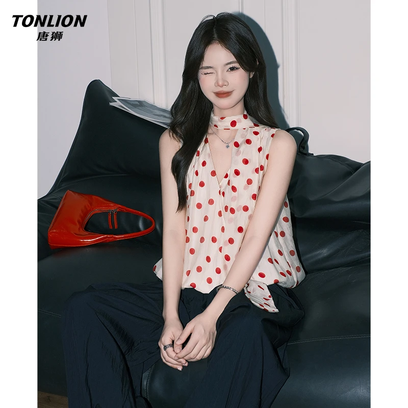 唐狮夏日复古红波点法式挂脖系带小衫女纯欲气质V领宽松无袖上衣