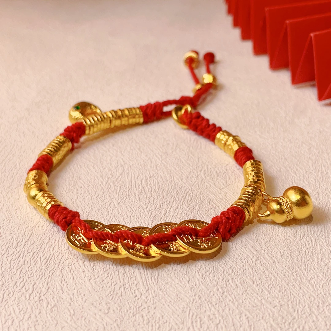 TSL/谢瑞麟计价足金五帝币盘缠手链黄金红绳手链