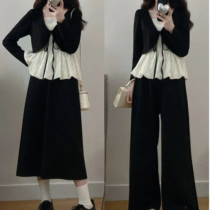 大码女装胖mm新款套装假两件蕾丝拼接上衣+半身裙休闲长款两件套