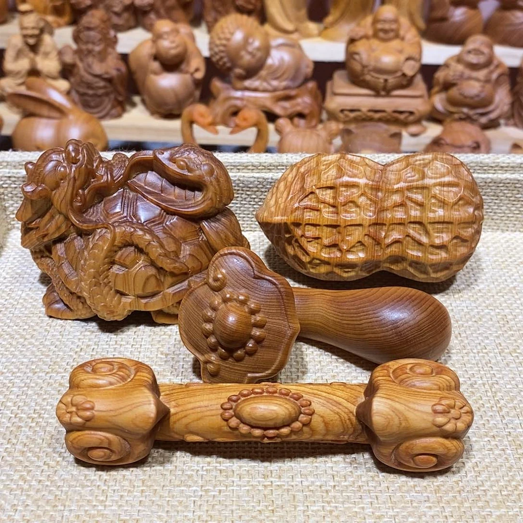 木晓**月崖柏手把件，玄武，如意，花生