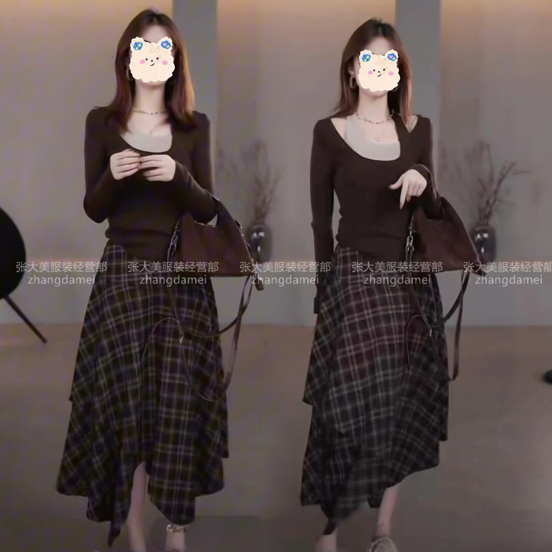 秋季新款高级配色套装女假两件针织衫上衣格子半身裙洋气两件套潮