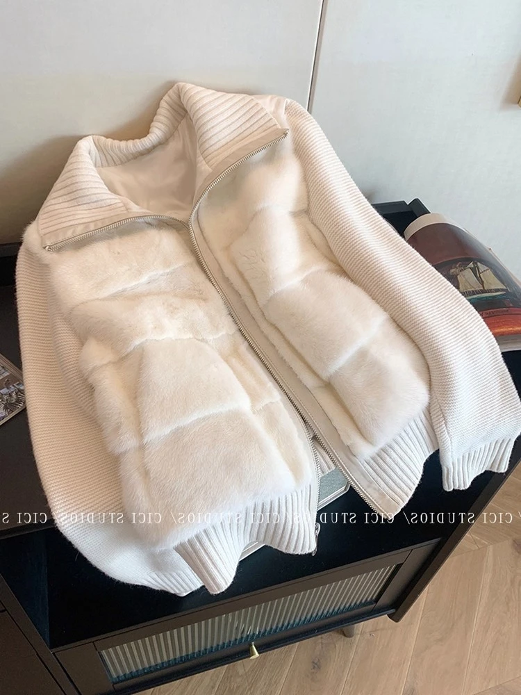 小香风白色针织拼接棉服外套女装冬季2025新款保暖夹棉面包服上衣