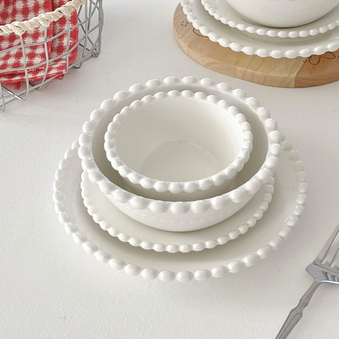 ins韩系复古纯白珍珠碗家用早餐碗陶瓷高颜值碗餐具小碗个人专用