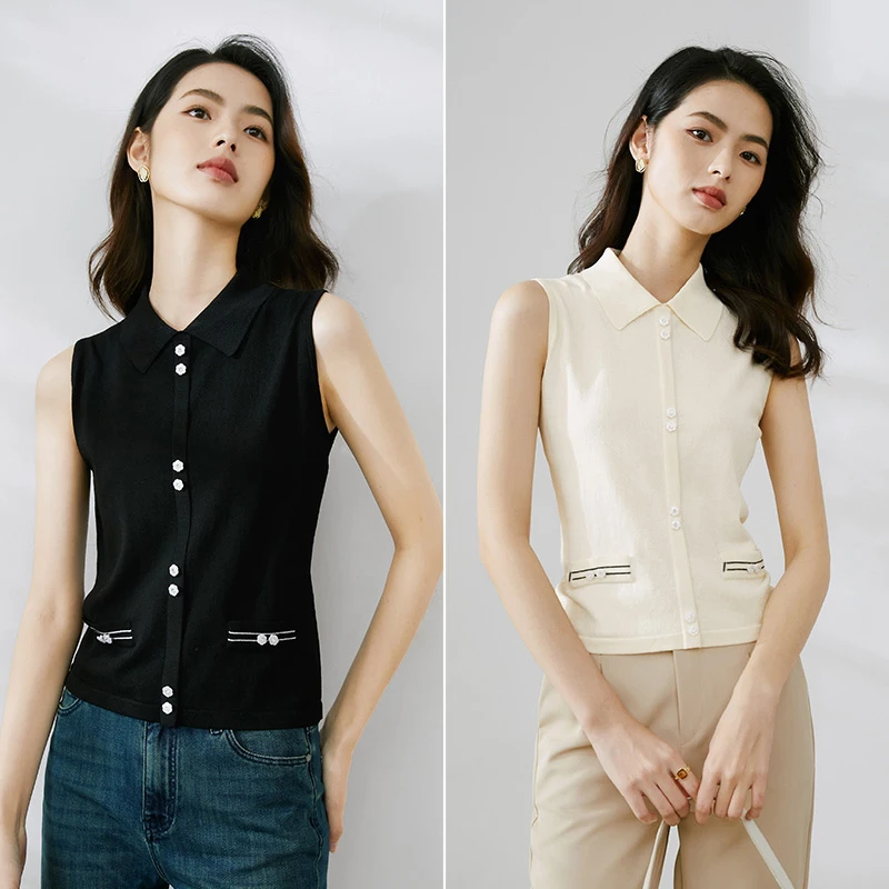 晚白【叠穿神器】翻领高级感可外穿细线流行无袖针织背心女23121101