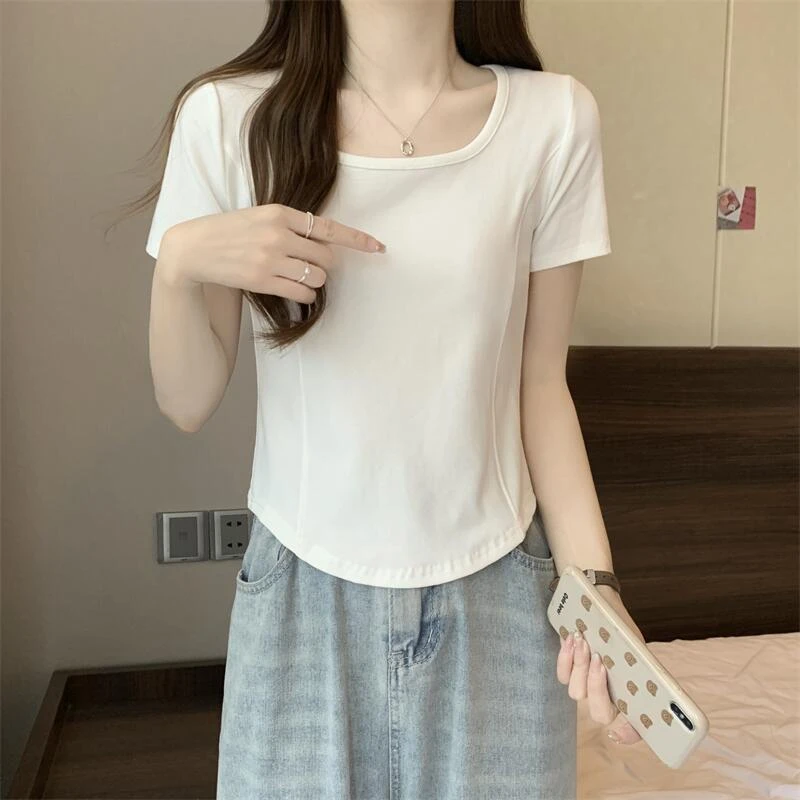 正肩短袖t恤女胖mm甜辣纯欲风修身打底衫内搭不规则遮肚微胖上衣