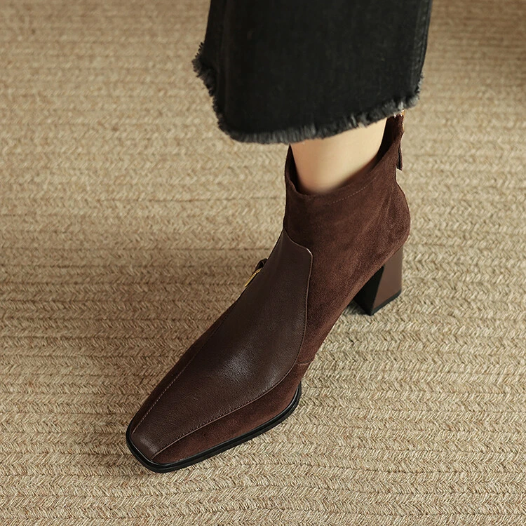 法式复古方头粗跟短靴女小众真皮拼色后拉链简约通勤高跟及踝靴女