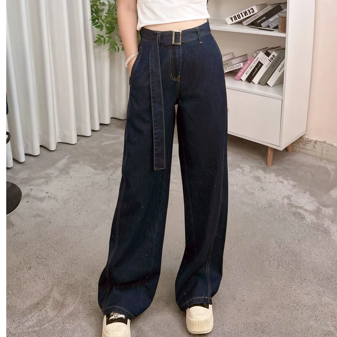 丹宁蓝薄款常规款高腰牛仔裤长裤阔腿裤夏季裤子时尚夏季宽松