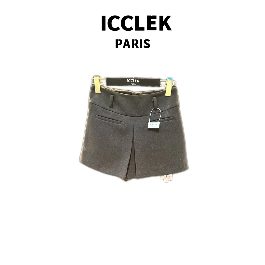 ICCLEK 黑色短裙扣收腰半身裙裤 显瘦 -0015