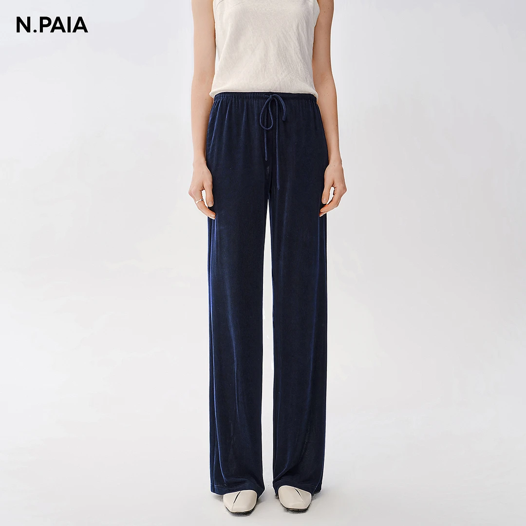 恩派雅24新款三醋酸肌理感抽条腰部系带休闲直筒裤女XNJET6433A