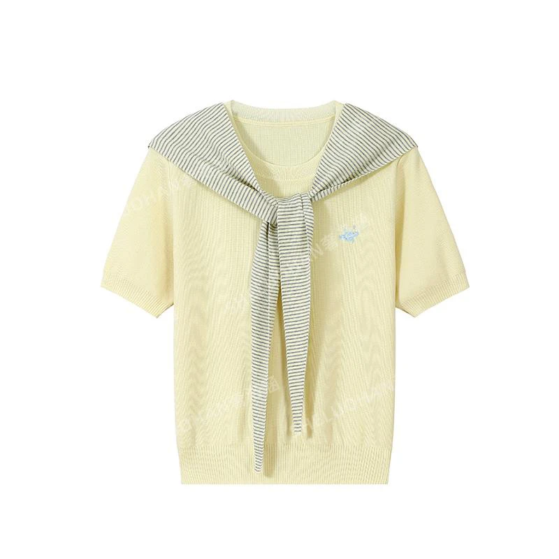 学院风真两件条纹披肩刺绣针织衫女夏季薄款法式温柔百搭宽松上衣