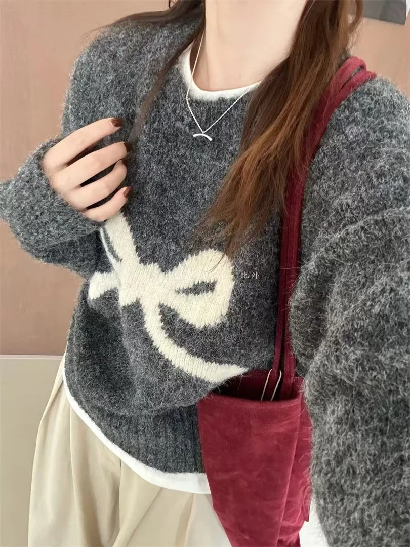 韩版蝴蝶结加厚套头毛衣 网红时尚百搭宽松慵懒风圆领秋冬休闲