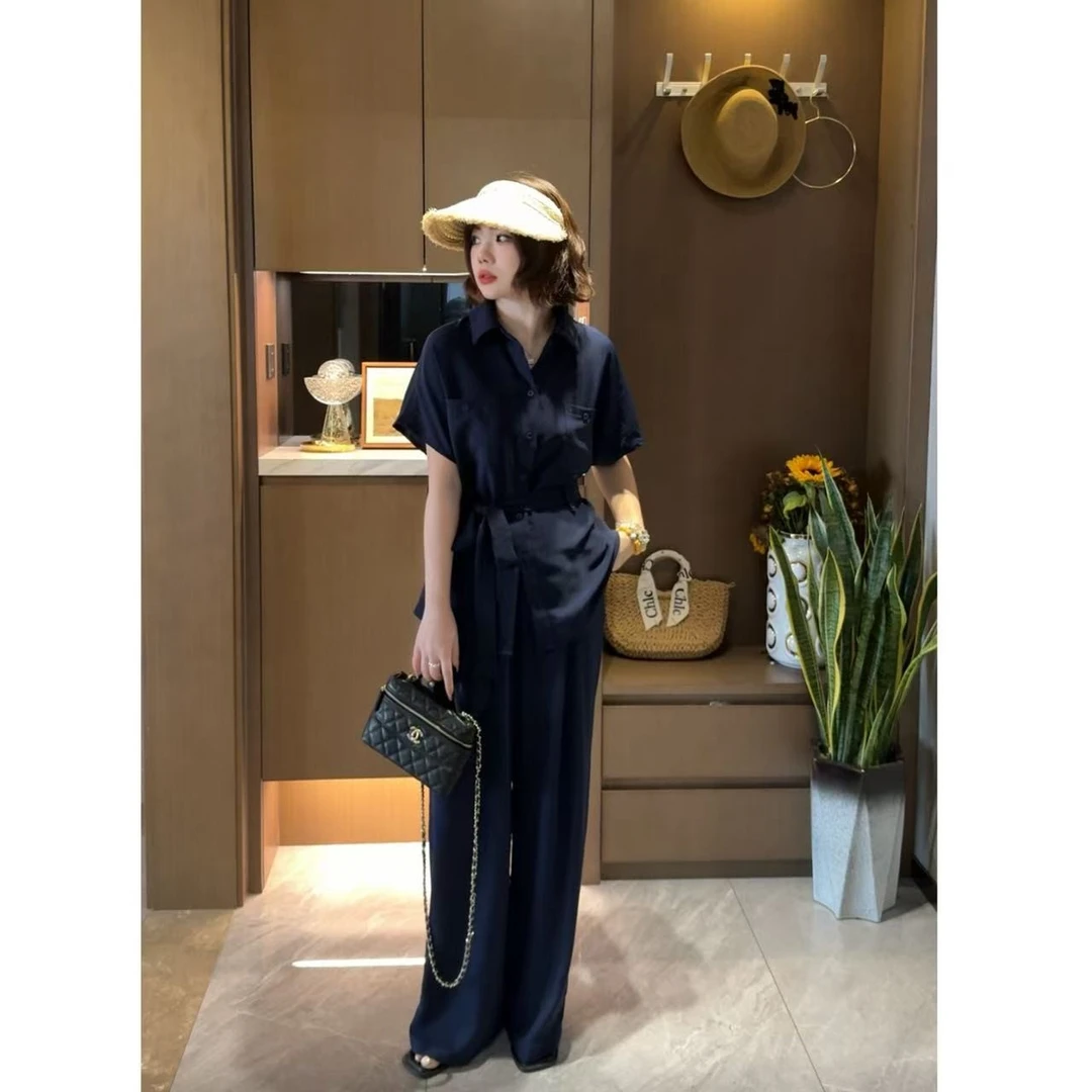 玳妮【气质女人】夏季新款复古款系带短袖衬衫+高腰阔腿裤套装22348