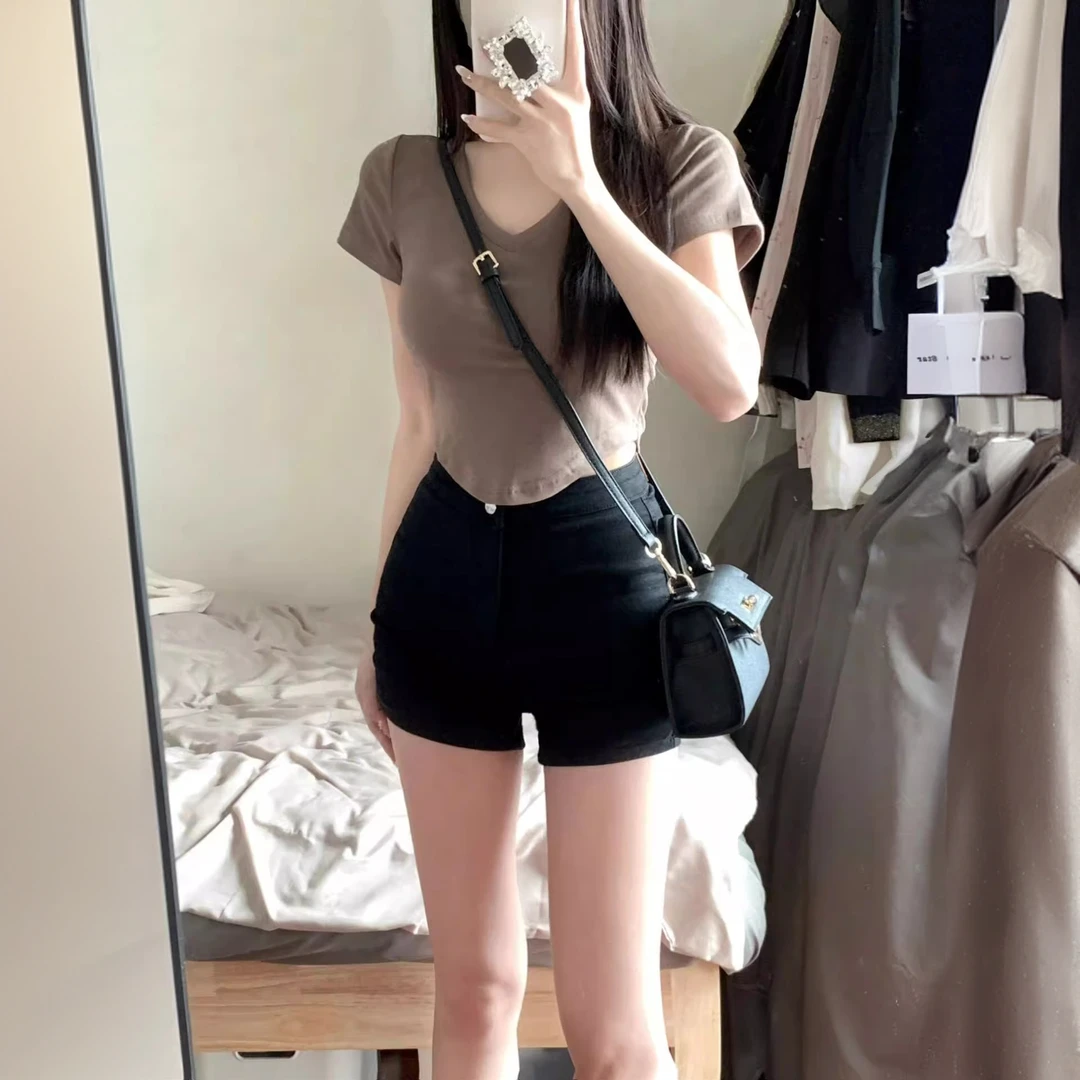 紧身黑色牛仔短裤女夏季2025新款高腰修身显瘦弹力辣妹打底热裤子