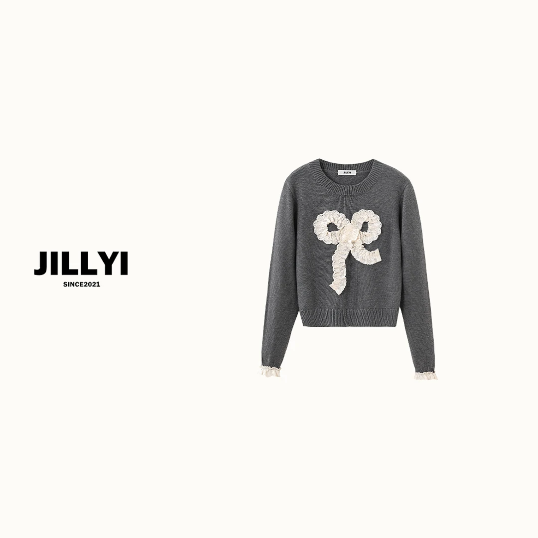 JILLYI珠海店【奇迹童话】灰色圆领气质蝴蝶系带时尚保暖百搭针织衫