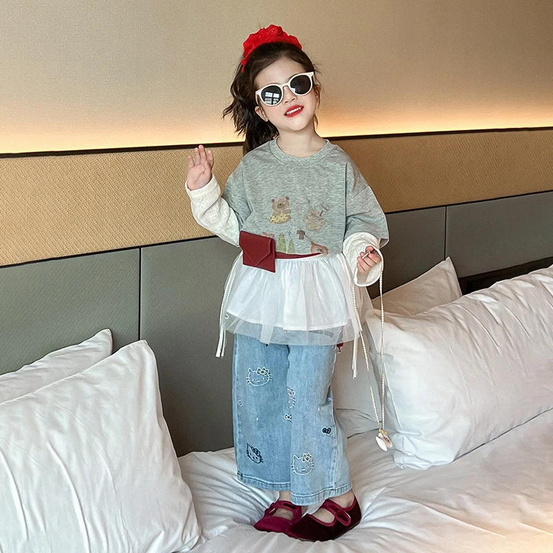 R25039女童拼接针织袖卡通T恤上衣刺绣猫咪牛仔裤网纱短裙屁帘