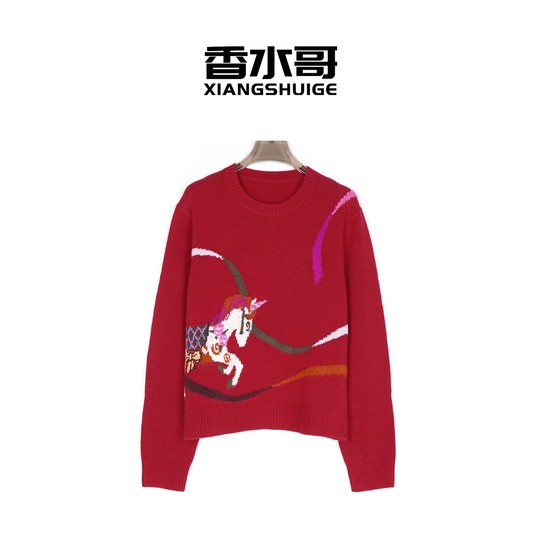 2026春季新品女士小马提花羊绒衫套头红色新年款保暖宽松毛衣