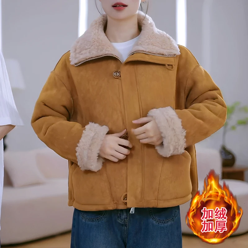 2025秋冬季新款女士短外套时尚宽松显瘦皮毛一体立领加绒加厚上衣