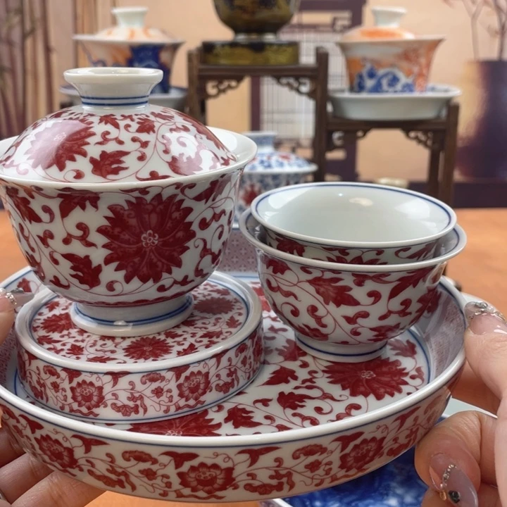 摆件陶釉里红缠枝莲五件套
