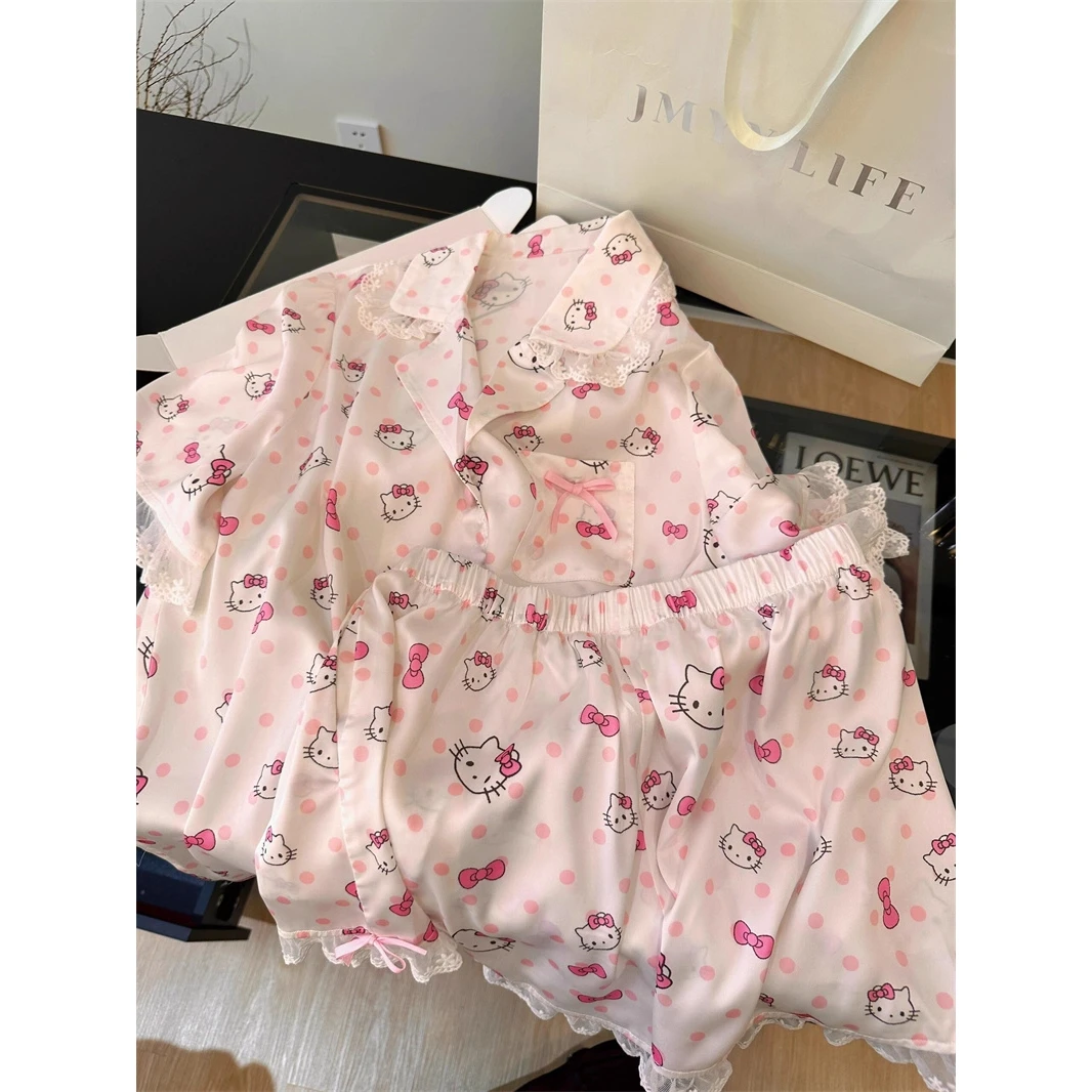 韩版甜美风波点HelloKitty凉感冰丝睡衣女夏季新款亲肤家居服套装