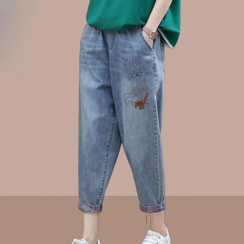 休闲牛仔裤女士2025夏新款宽松松紧腰百搭刺绣七分裤薄款哈伦裤子