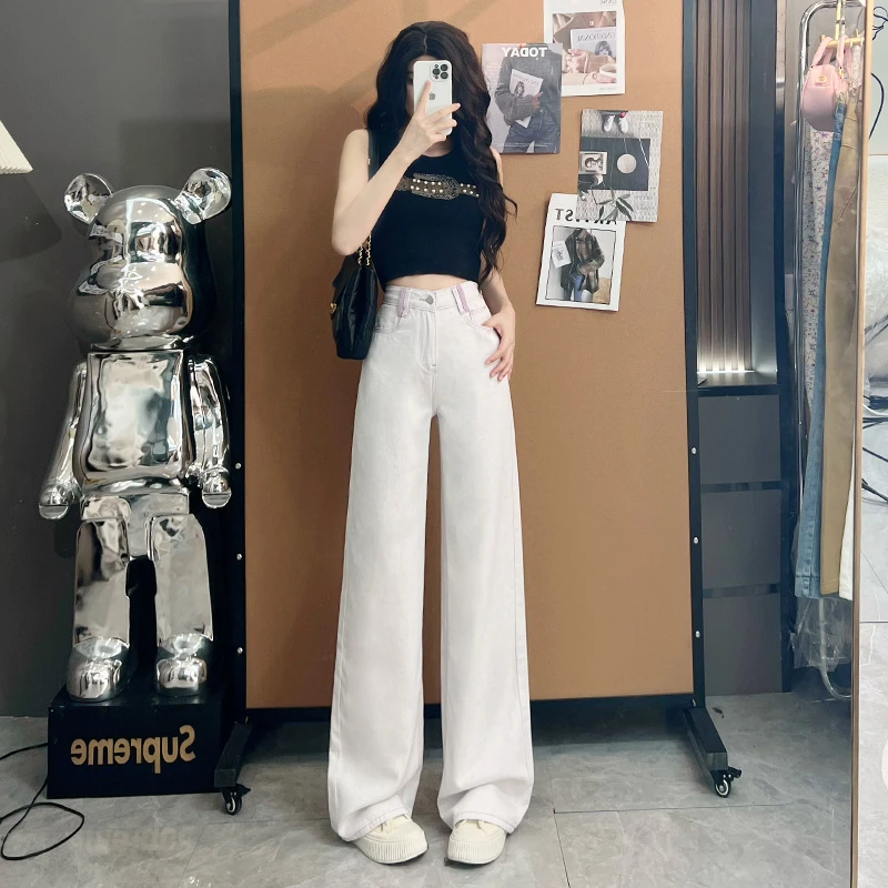 喜绚直筒牛仔裤女夏薄款2025年新款潮流宽松撞色感流行阔腿裤子女