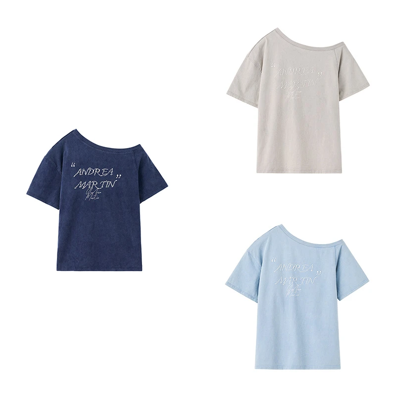 ANDREA MARTIN2025夏季新款烫钻露肩短袖T恤女宽松半袖上衣