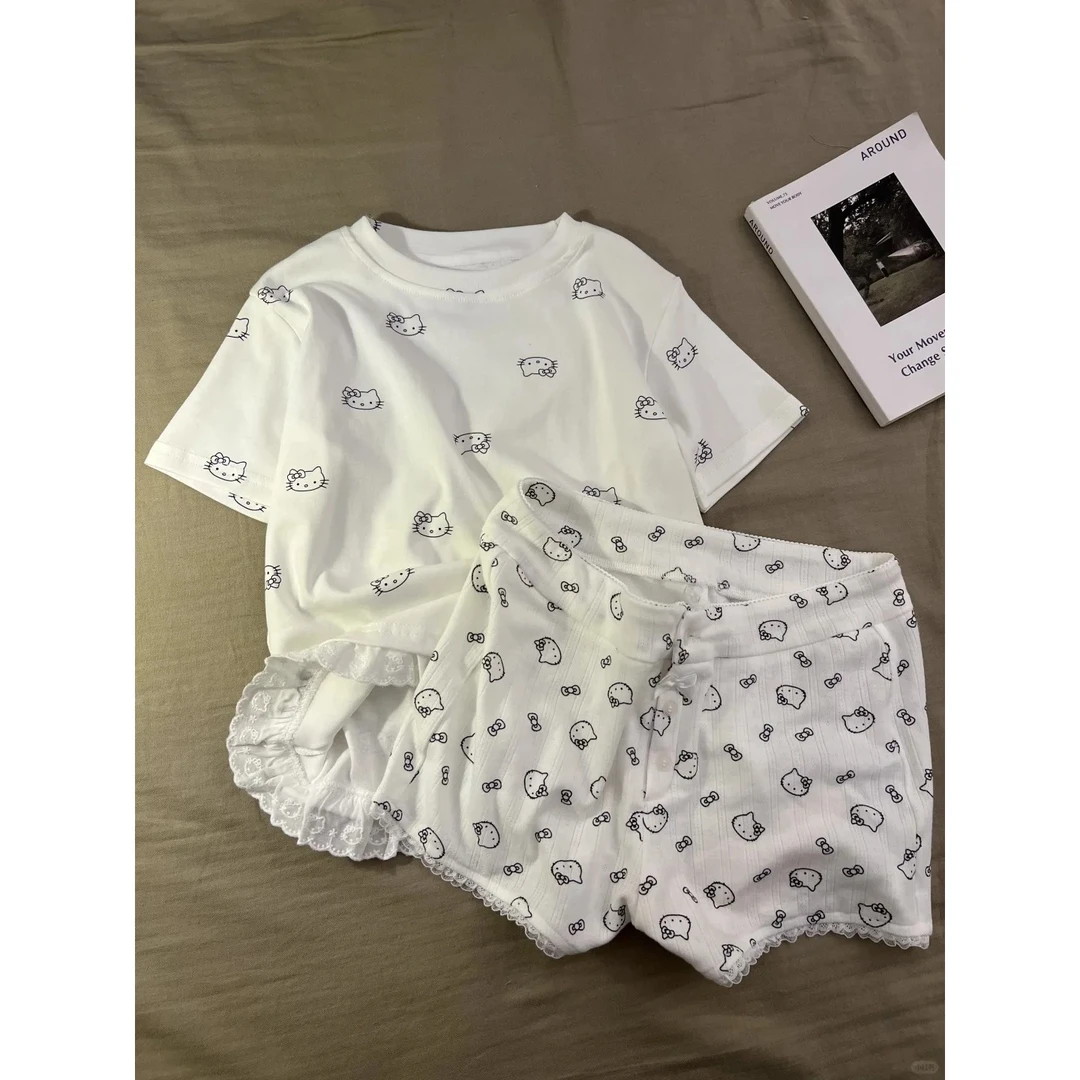 甜美风kitty猫少女蕾丝边短袖睡衣女夏季新款套装外穿舒适家居服