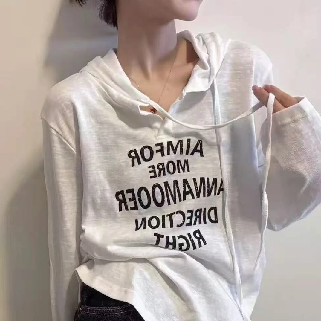女印花少女风长袖丹宁风连帽T恤百搭加绒灰色白色