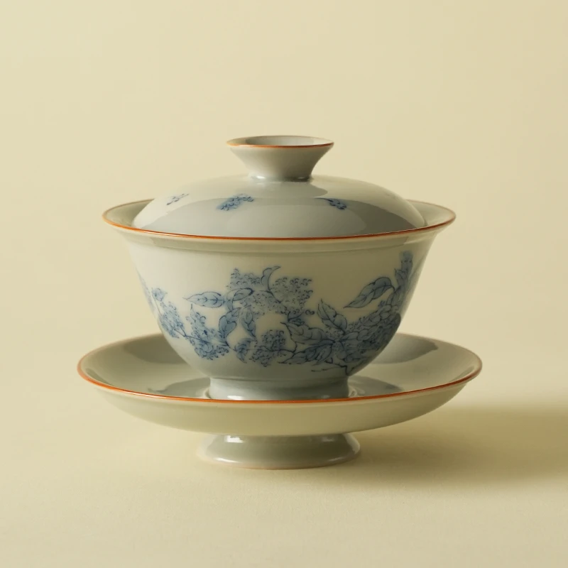 仿古青花橘子花盖碗茶杯家用陶瓷泡茶三才茶碗带盖不烫手功夫茶具