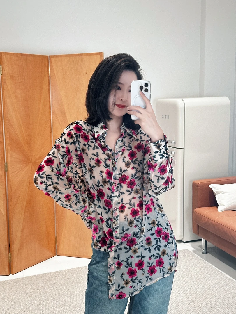 植绒长袖衬衫时尚宽松花色设计感