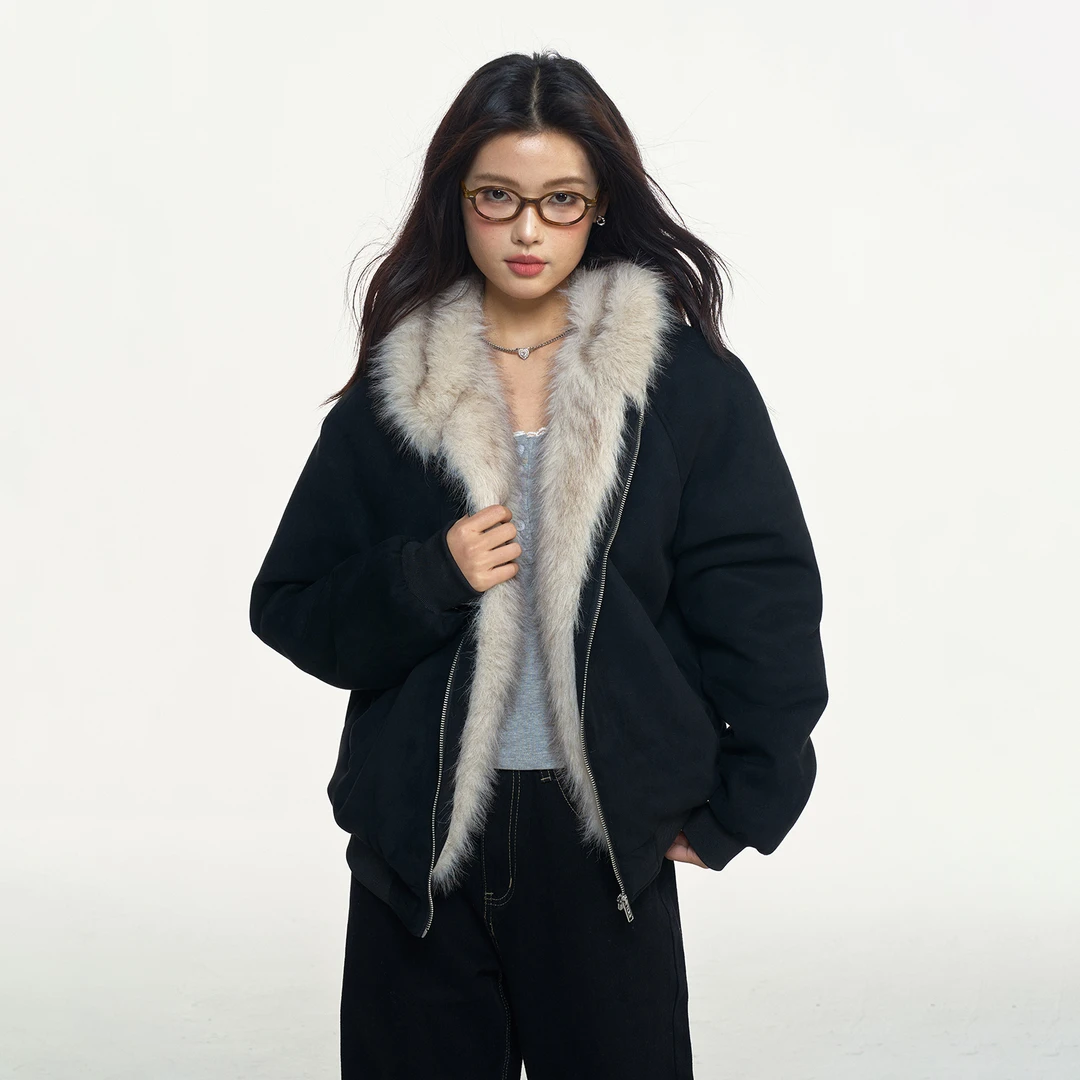 BIPOLAR仿麂皮绒座山雕毛领冬季休闲连帽棉服 22B491