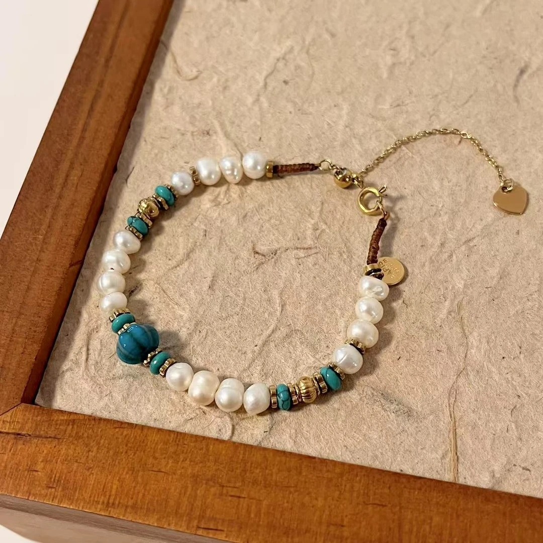 钛钢布艺手链 度假手工坊蓝白撞色串珠手链 抽拉调节