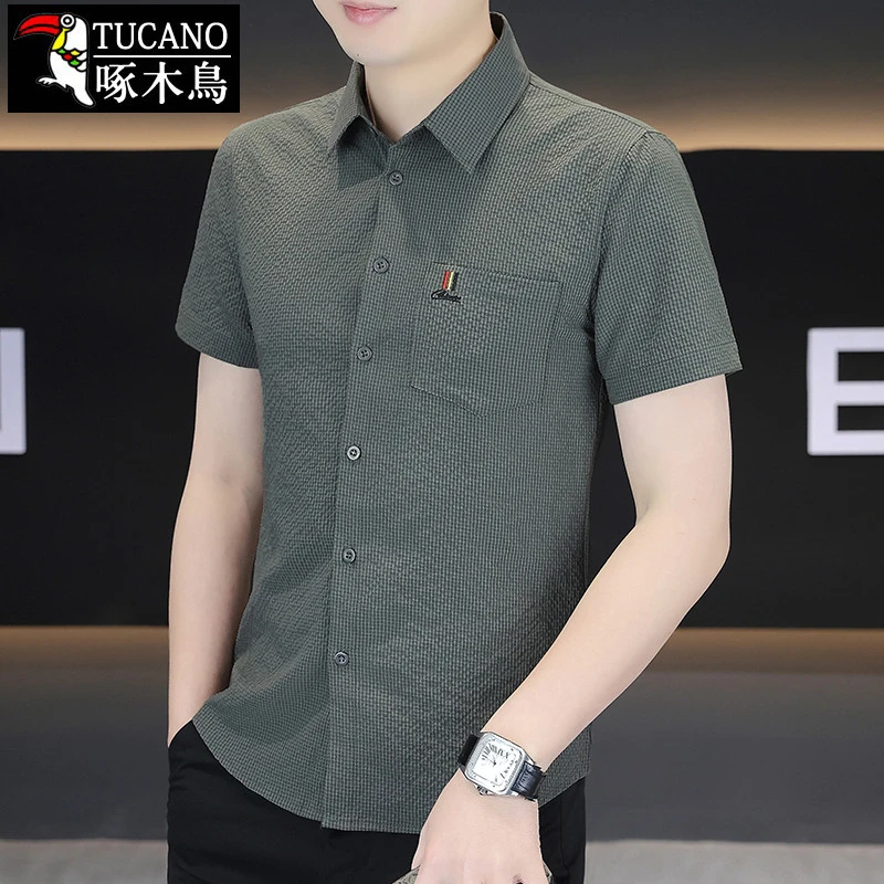 啄木鳥  男士短袖衬衫夏季休闲百搭有带口袋衬衣薄款上衣服男
