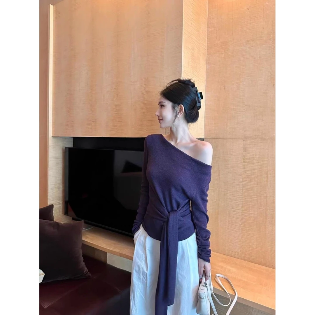 法式气质不规则斜肩长袖内搭上衣女秋季韩系穿搭绑带收腰打底上衣