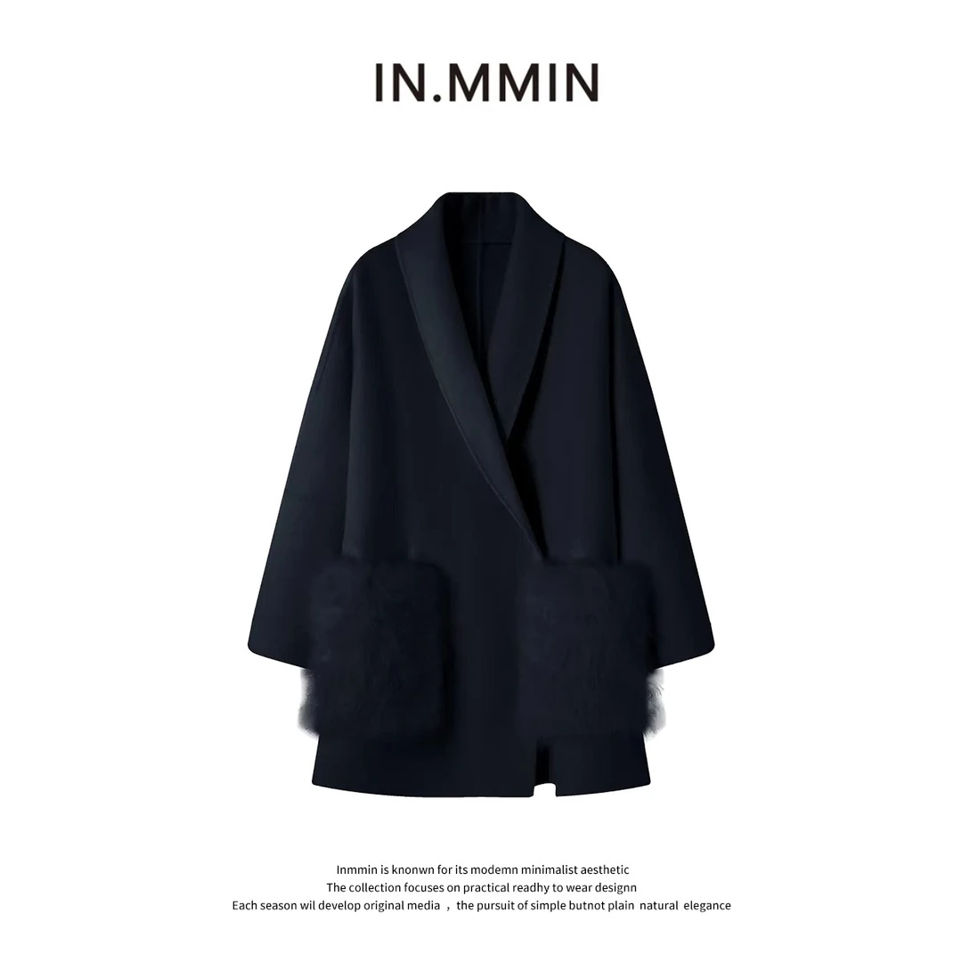 INMMIN100羊毛韩系高级感休闲毛毛口袋拼接毛呢大衣外套女
