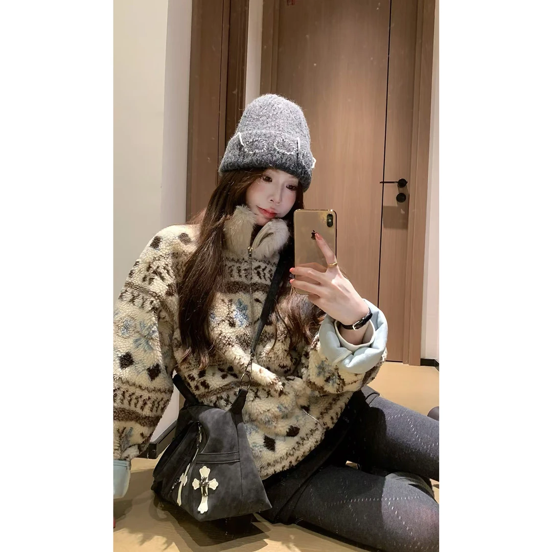 实拍实价~2025新款费尔岛毛领外套女秋冬加厚保暖洋气开衫毛衣