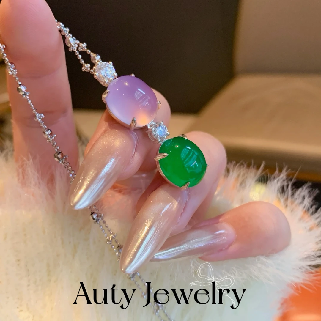 坠链均925银 绝美双蛋面流苏款女士时尚紫/绿髓拼色时尚款项链