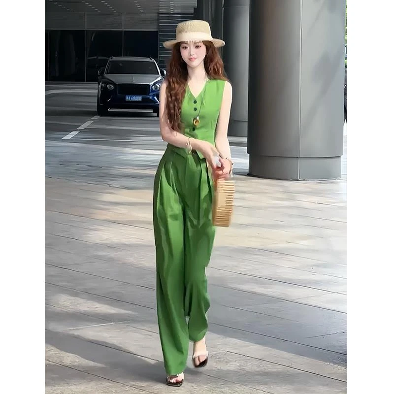 韩版气质设计感套装女夏季新款时尚领无袖马甲+显瘦阔腿裤两件套