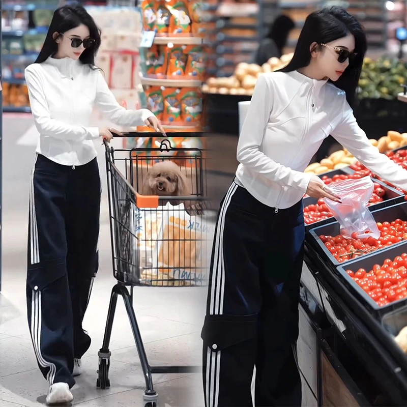 2025秋季时尚修身长袖开衫上衣高腰三条杠直筒休闲裤子显瘦两件套