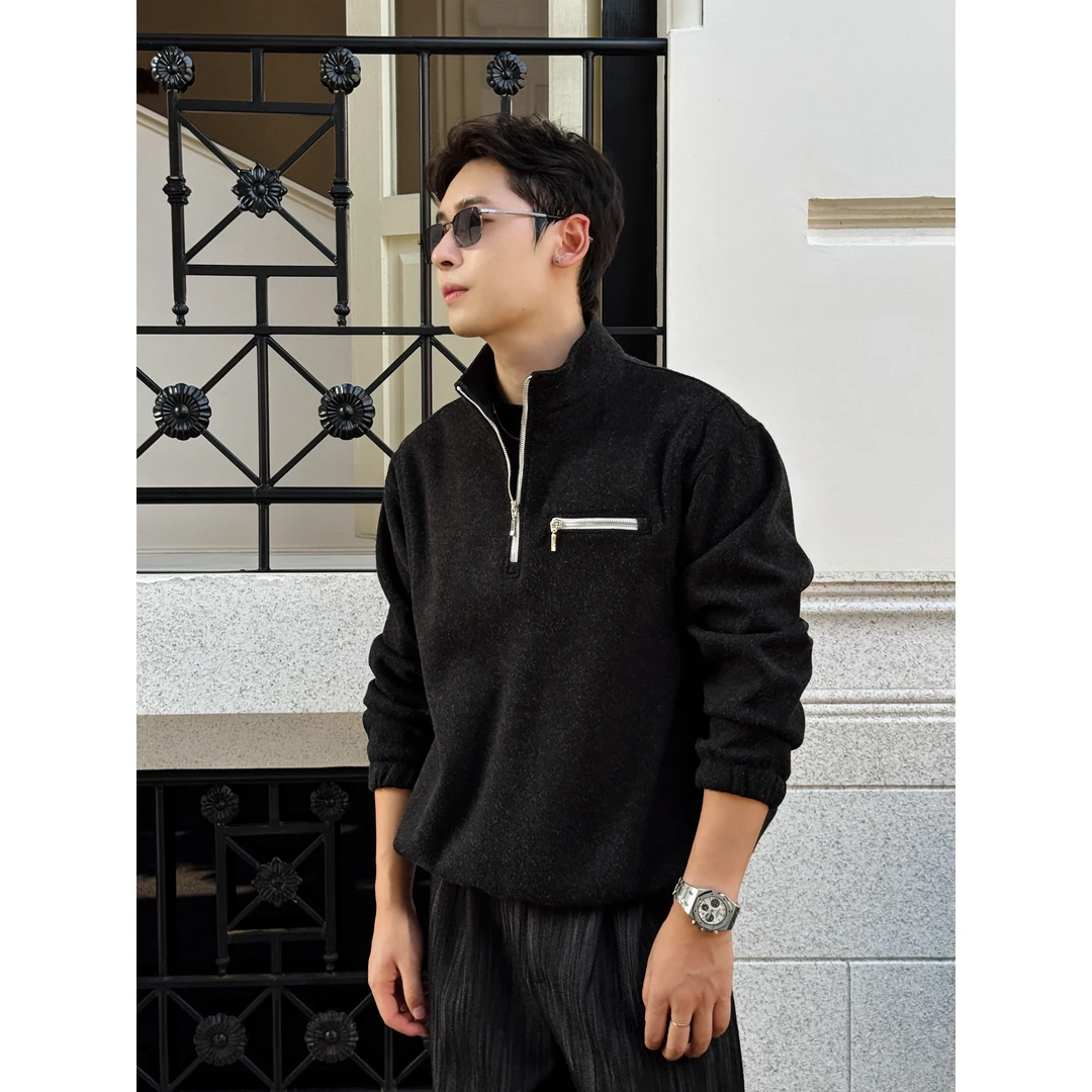 简约松弛感「580g绒感酵洗」秋冬斜纹肌理感立领半拉链宽松休闲卫衣