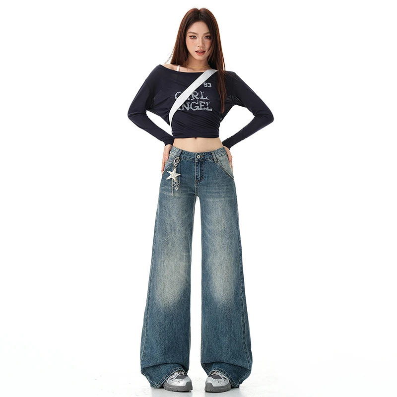 美式低腰辣妹风水洗阔腿牛仔裤女2025秋季新款宽松显瘦加长直筒裤