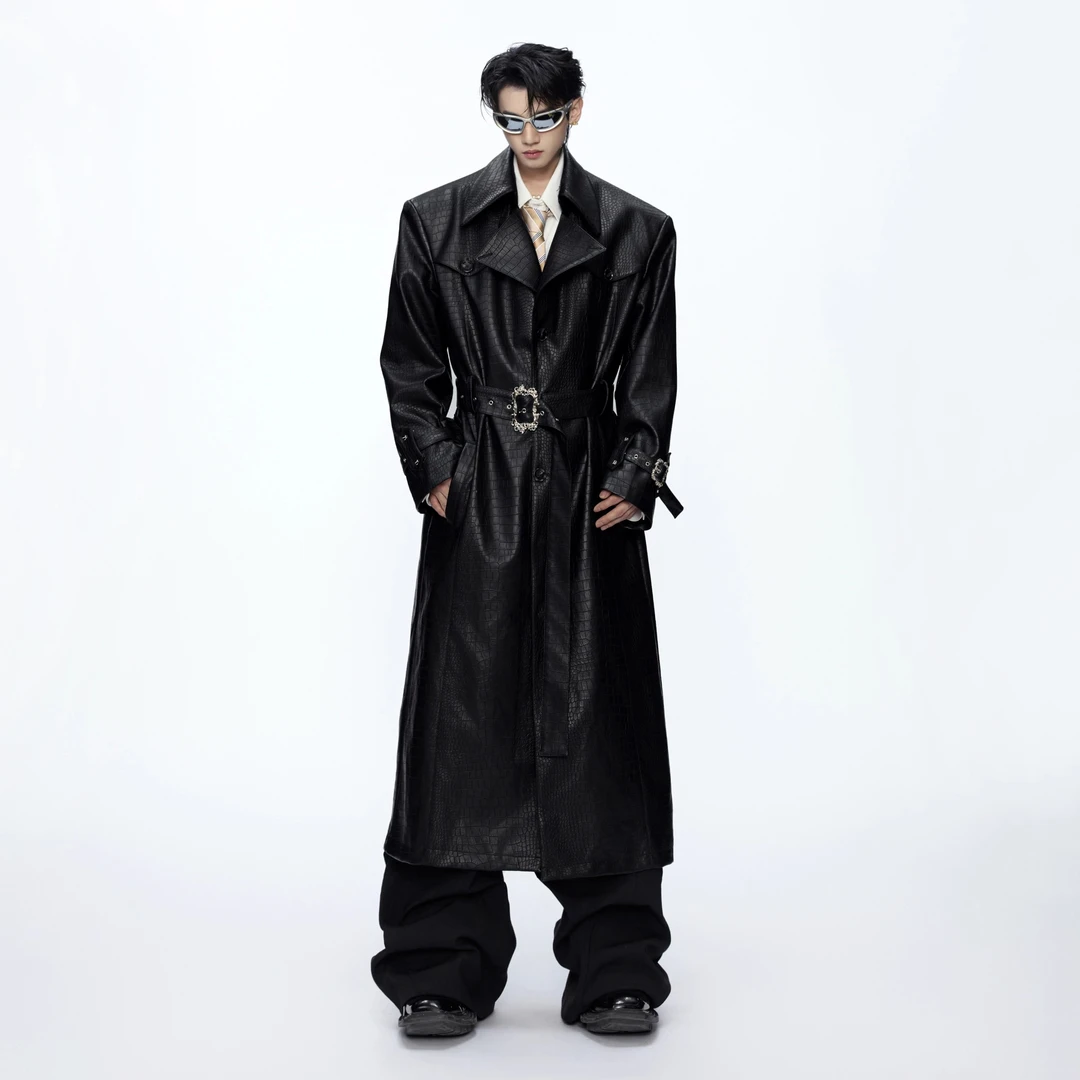 ArguECulturE小众解构鳄鱼纹宽肩皮大衣金属设计收腰过膝长款风衣