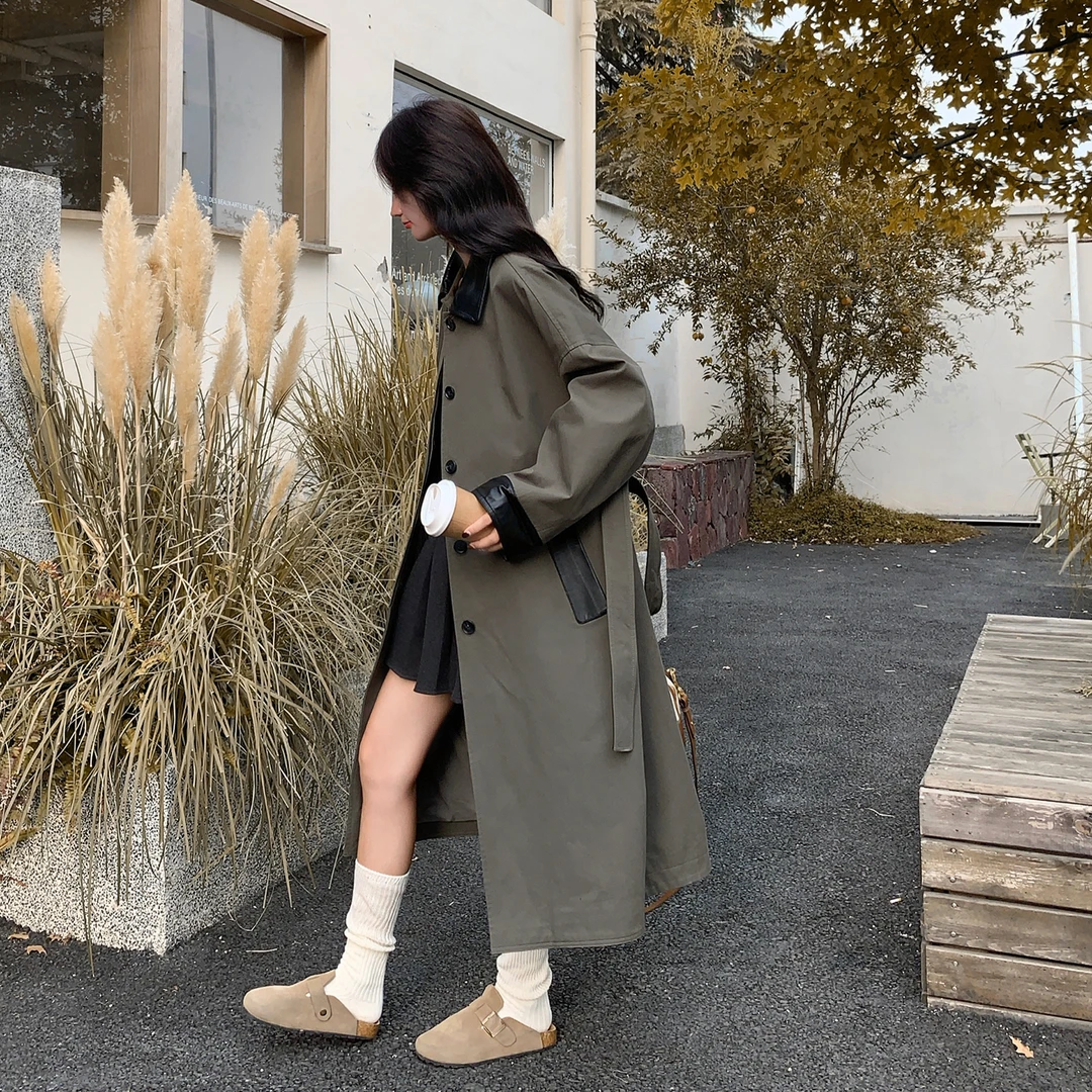 中长款日系休闲风衣外套女2025新款秋季小众设计撞色翻领宽松大衣