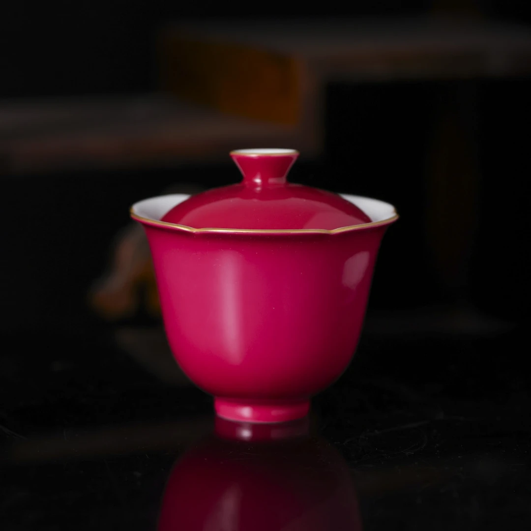 外山器隐-胭脂红葵口盖碗  120ml