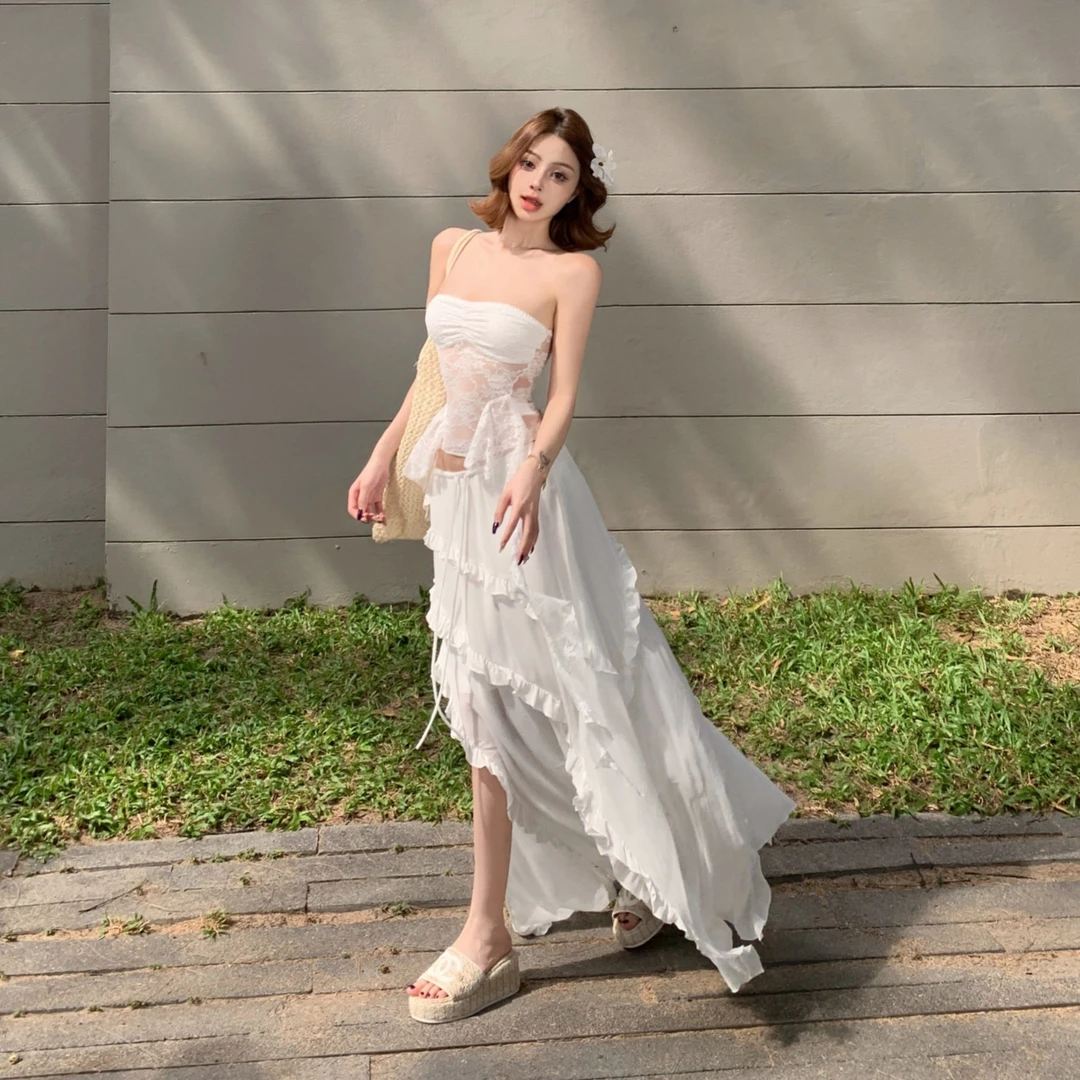 海边度假纯欲蕾丝拼接抹胸不规则透视短上衣荷叶边开叉半身裙套装