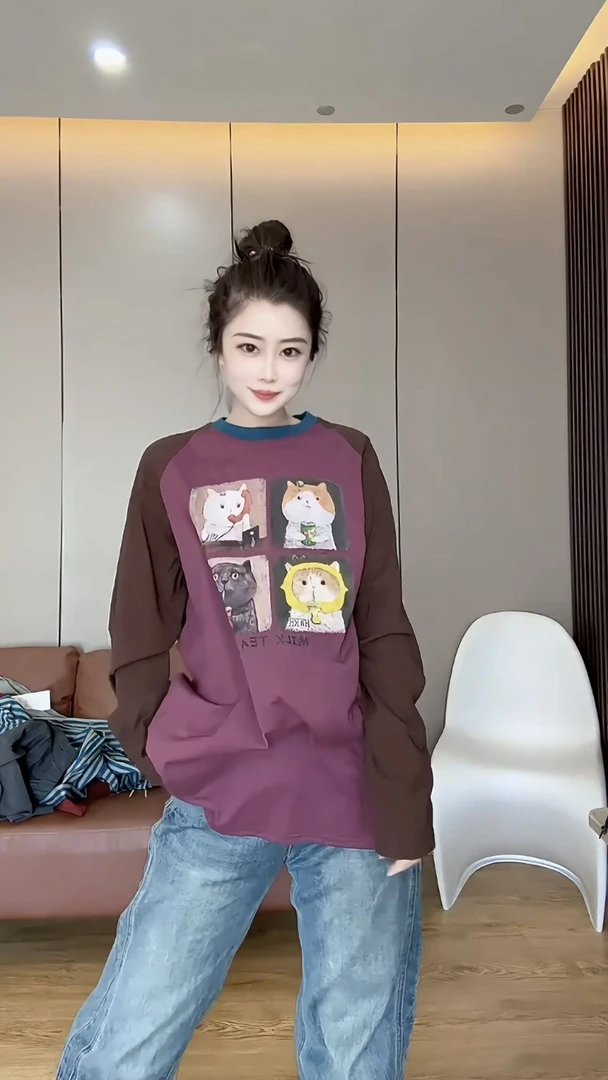欧洲站2025年春季新款时尚百搭宽松显瘦卡通小猫印花长袖T恤女潮