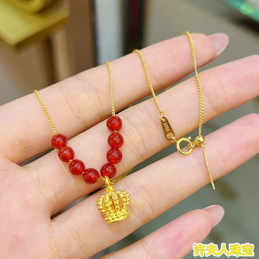 足金999气质镂空女王皇冠玛瑙套链配s925银链