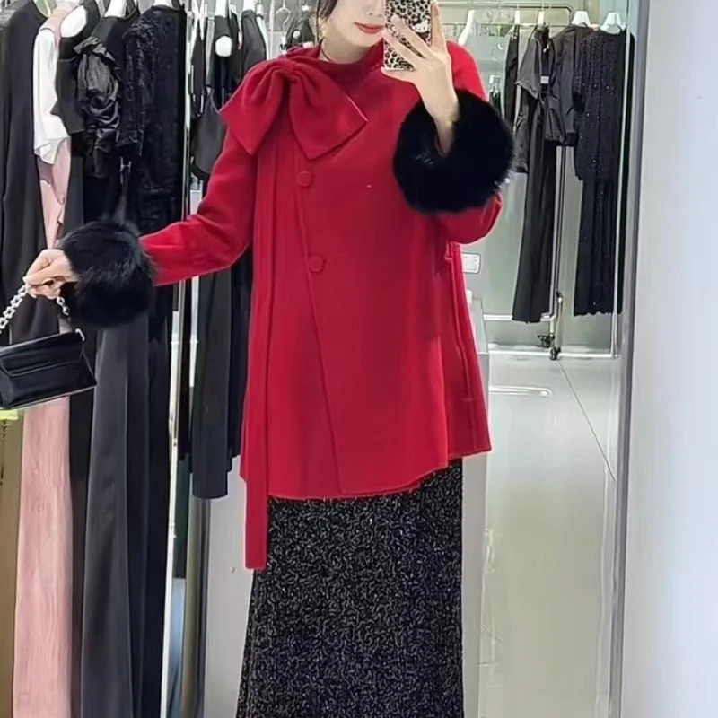 蝴蝶结羊毛双面呢外套女25冬新款法式斗篷大衣狐狸毛千金风秋冬